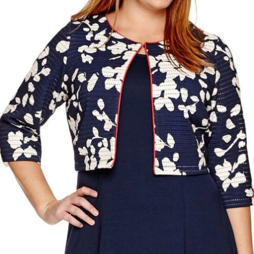 Perceptions Women's Preppy Navy White Floral Cropped Open 3/4 Sleeve Bolero 12